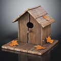 Wooden Birdhouse For Birds With Autumn Maple Leaves On Cracked Wooden Base