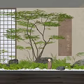 Serene Indoor Landscape Featuring Wooden Lattice Window Green Tree Stones Moss and Calligraphy Scroll