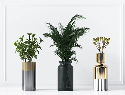 Three Decorative Vases With Green Plants And Flowers In Modern Design 3d model
