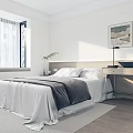 Modern Bedroom Interior With White Walls Window Curtains Bed Wooden Floor And Desk Lamp