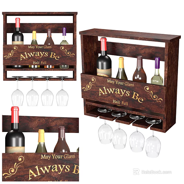 Wooden Wine Cabinet With Wine Bottles Glasses And Engraved Quote Design 3d model 