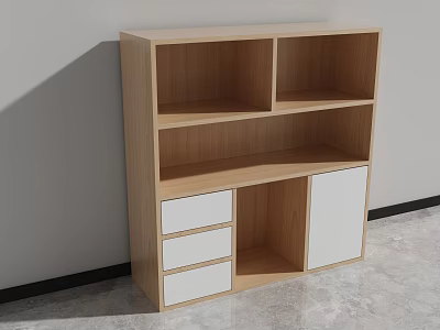 Wooden Bookshelf With Open Shelves Drawers And White Cabinet Doors In Modern Minimalist Design 3d model
