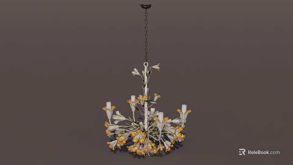 Unique Shaped Chandelier With Flower Design White Yellow Petals Hanging Metal Chain 3d model 