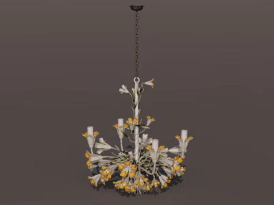 Unique Shaped Chandelier With Flower Design White Yellow Petals Hanging Metal Chain 3d model