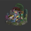 Elderly Figure with Large Mushroom Cap and Small Creatures in Rocky Mossy Setting with Staff