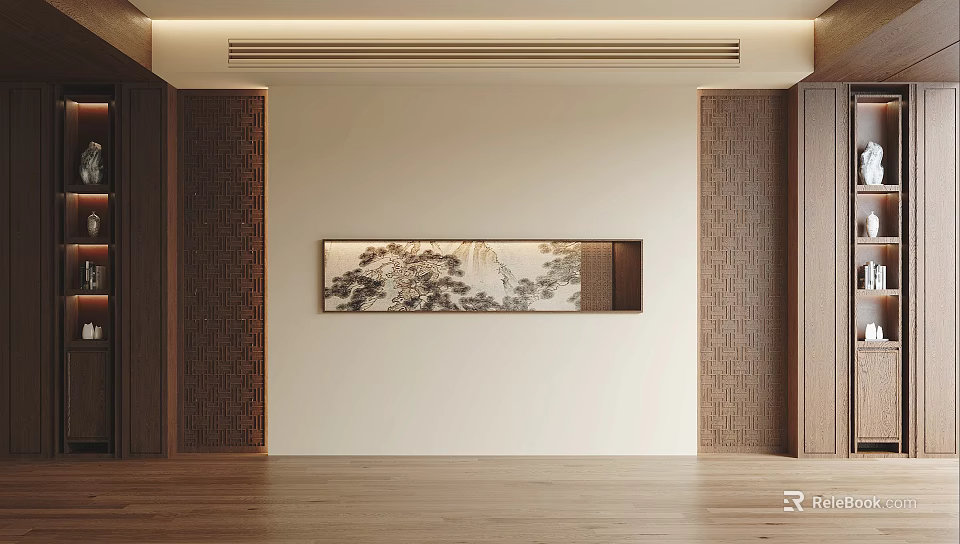 Sofa Background Wall Chinese Style with Decorative Painting and Wooden Elements in Minimalist Design 3d model 