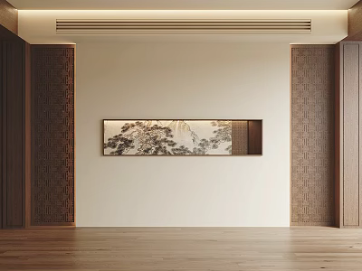 Sofa Background Wall Chinese Style with Decorative Painting and Wooden Elements in Minimalist Design 3d model