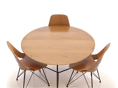 Round Wooden Dining Table Set With Three Chairs And Metal Legs 3d model