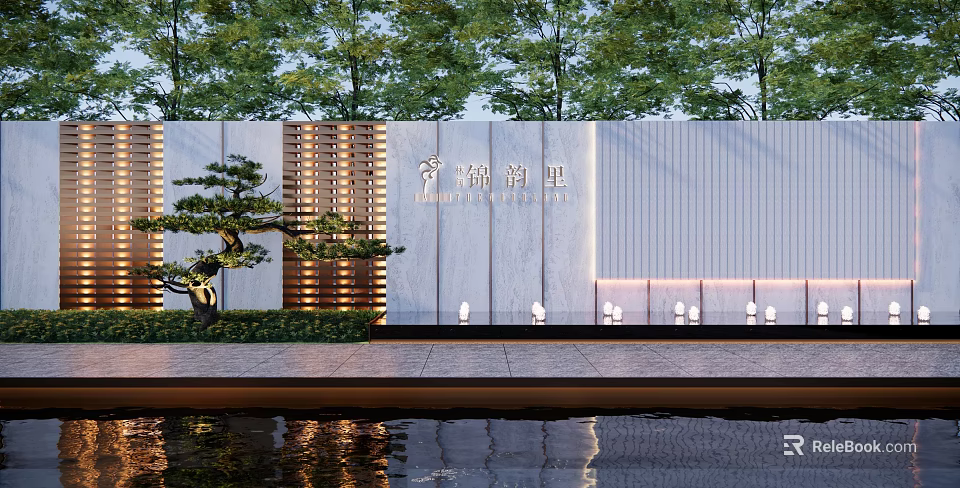 Modern Landscape Wall With Wooden Grille Design Pine Tree Small Lamps And Water Reflection 3d model 