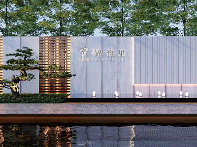 Modern Landscape Wall With Wooden Grille Design Pine Tree Small Lamps And Water Reflection 3d model