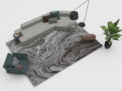 Modern Gray Sofa And Coffee Table Set With Throw Pillows Floor Lamp And Green Plant 3d model