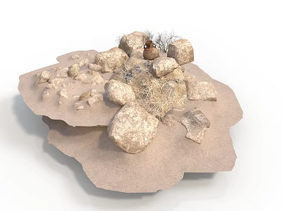 Modern Natural Style Arrangement Featuring Sand and Stones Small Clay Pot and Dry Branches 3d model