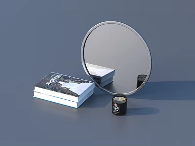Round Mirror With Stacked Books And Small Candle Jar On Gray Surface 3d model