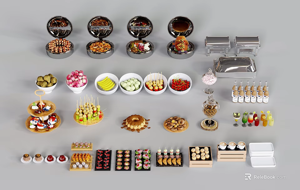 Assorted Foods Display With Delicious Desserts Fruits Snacks And Sauces 3d model 