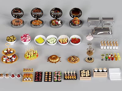 Assorted Foods Display With Delicious Desserts Fruits Snacks And Sauces 3d model