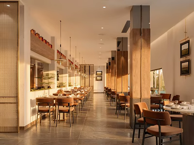 Modern Restaurant Interior With Wooden Tables Chairs Hanging Pendant Lights Wall Art And Tiled Floor 3d model