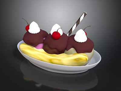 White Plate With Banana Ice Cream Sundae Topped With Chocolate Sauce Cherries And Whipped Cream 3d model