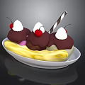 White Plate With Banana Ice Cream Sundae Topped With Chocolate Sauce Cherries And Whipped Cream