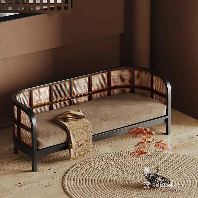 Multi seat Sofa Curved Black Frame Rattan Details Beige Cushion On Woven Rug With Plant 3d model 