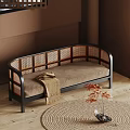 Multi seat Sofa Curved Black Frame Rattan Details Beige Cushion On Woven Rug With Plant