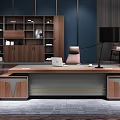 Modern Office Interior With Wooden Desk Leather Chair Bookshelf Sofa And Dark Blue Walls