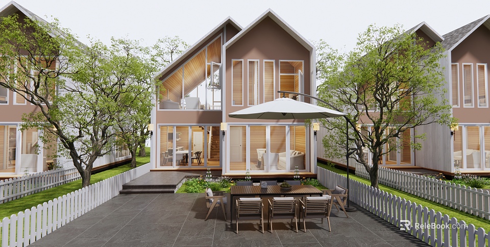 Modern Detached House Exterior With Large Windows Patio Dining Set And Green Trees 3d model 