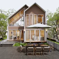 Modern Detached House Exterior With Large Windows Patio Dining Set And Green Trees