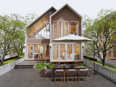 Modern Detached House Exterior With Large Windows Patio Dining Set And Green Trees 3d model