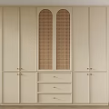 Modern Wardrobe Design With Beige Finish Rattan Panel Doors And Brass Handles