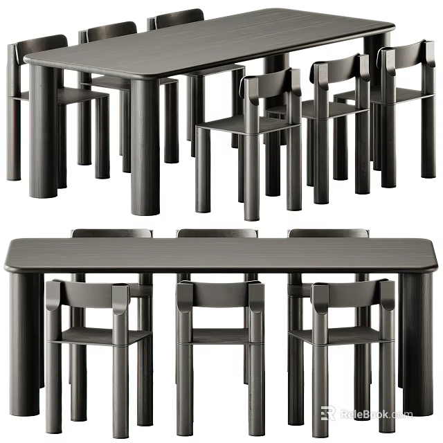Modern Dark Dining Table Set With Linear Design And Matching Chairs 3d model