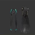 Black Long Hair Wigs With Blue Green And Gold Decorative Ornaments