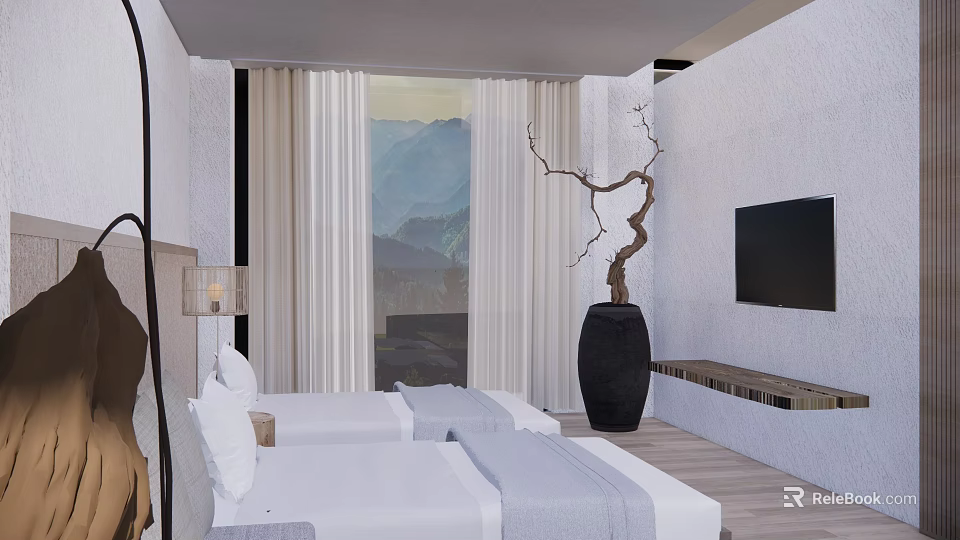Modern Hotel Room Interior With Two Beds White Bedding Mountain View And Black Vase 3d model 