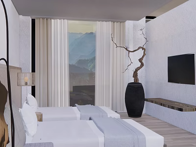 Modern Hotel Room Interior With Two Beds White Bedding Mountain View And Black Vase 3d model