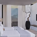Modern Hotel Room Interior With Two Beds White Bedding Mountain View And Black Vase