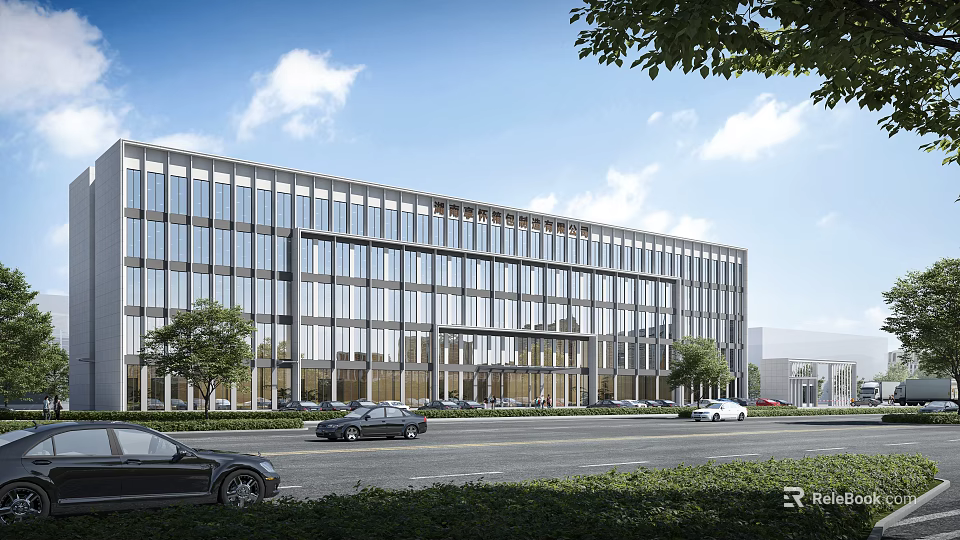 Modern Office Building With Glass Curtain Wall Trees And Cars On Road Under Blue Sky 3d model 