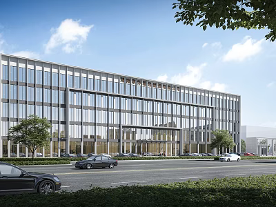Modern Office Building With Glass Curtain Wall Trees And Cars On Road Under Blue Sky 3d model