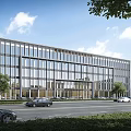 Modern Office Building With Glass Curtain Wall Trees And Cars On Road Under Blue Sky