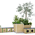 Public Chair in Park With Wooden Planter Boxes and Lush Green Plants