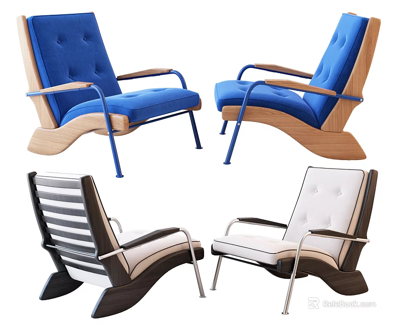 Modern Leisure Chairs With Wooden Frames And Padded Seats In Blue White Black 3d model 