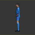 A Man in Blue Sports Uniform with Biggo Logo Wearing Goalkeeper Gloves and Outstretched Arms