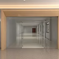 Modern Spacious Elevator Hallway With Glass Doors Wooden Frame White Walls And Gray Flooring