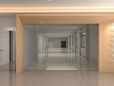 Modern Spacious Elevator Hallway With Glass Doors Wooden Frame White Walls And Gray Flooring 3d model