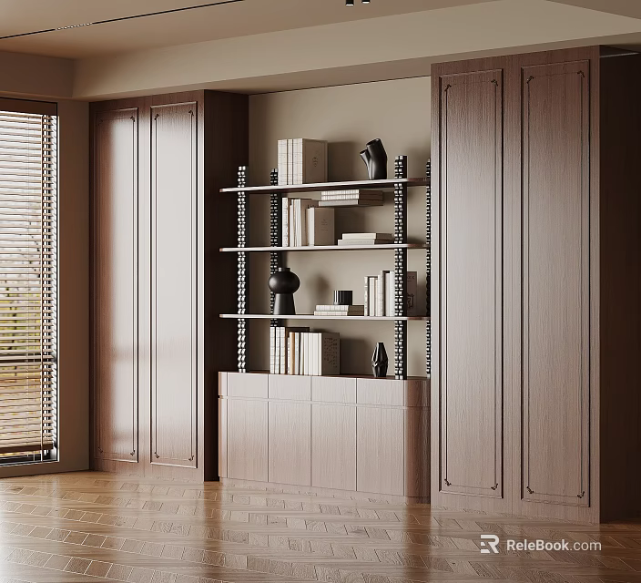 Modern Wooden Bookcase With Symmetric Cabinet Doors Shelves Books And Decorative Vases 3d model 
