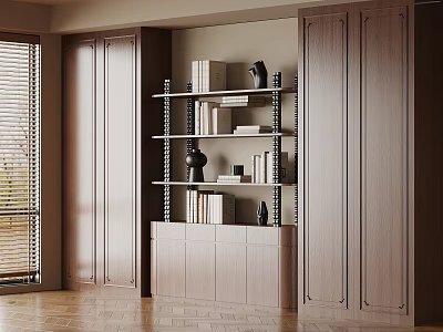 Modern Wooden Bookcase With Symmetric Cabinet Doors Shelves Books And Decorative Vases 3d model