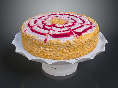 Round Decorative Cake With Red And White Cream Swirls And Yellow Crumbs On White Stand 3d model