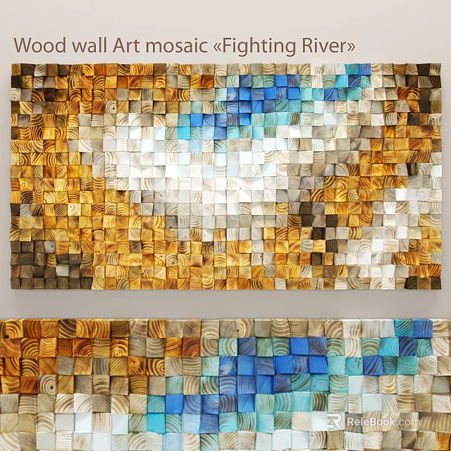 Colorful Wooden Block Wall Decor With Golden Blue White Mosaic Art Design 3d model 