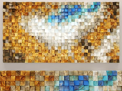 Colorful Wooden Block Wall Decor With Golden Blue White Mosaic Art Design 3d model