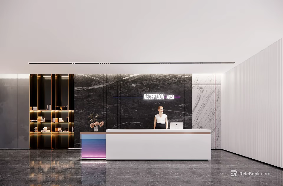 Elegant Modern Reception Interior With Marble Wall Display Shelves And Receptionist 3d model 