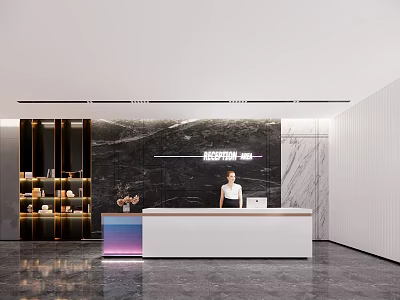 Elegant Modern Reception Interior With Marble Wall Display Shelves And Receptionist 3d model
