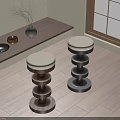Wooden Bar Counter With Brown Black Bar Stools White Cushions Vase And Bowls Near Window